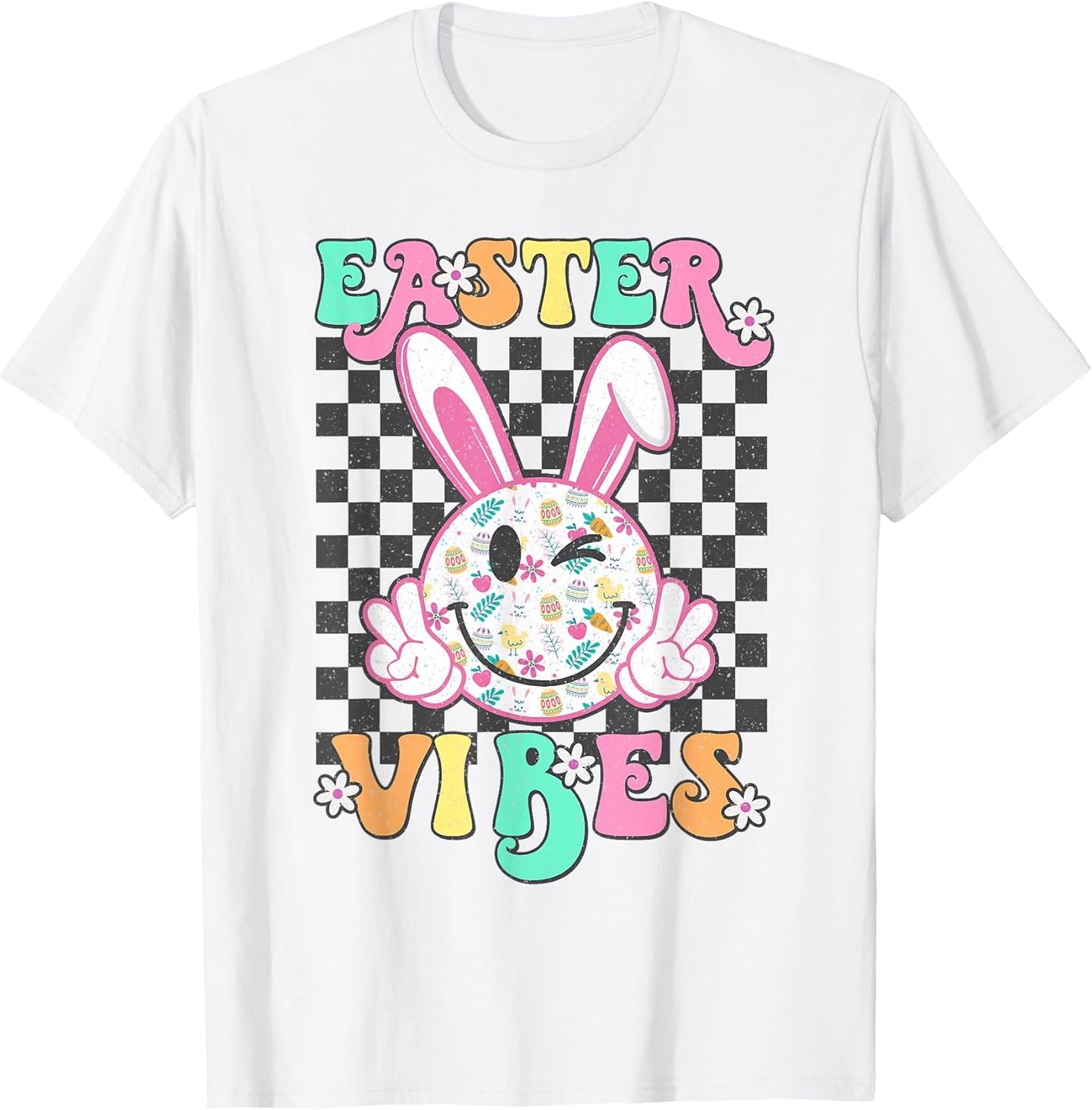Retro Groovy Easter Vibes Bunny Checkered Smile Womens Girls T-Shirt