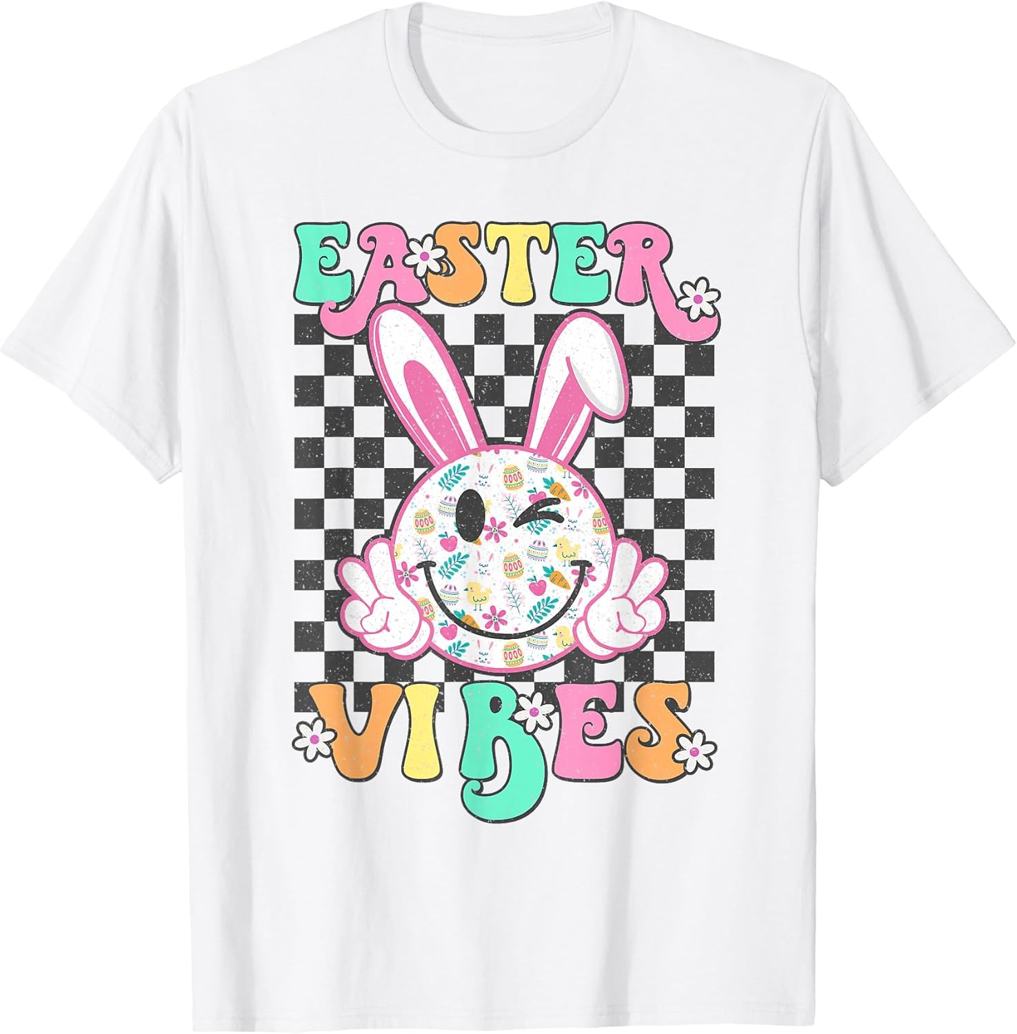 Retro Groovy Easter Vibes Bunny Checkered Smile Womens Girls T-Shirt