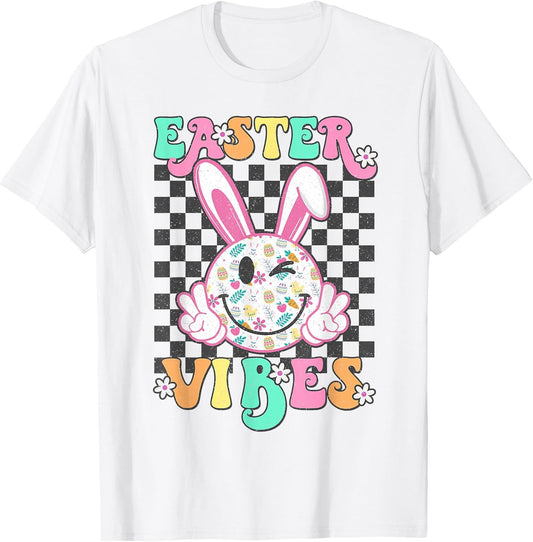 Retro Groovy Easter Vibes Bunny Checkered Smile Womens Girls T-Shirt