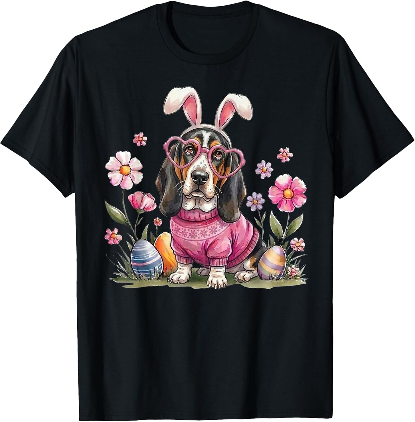 Easter Day Basset Hound Dog Outfit Bunny Ears Egg Spring T-Shirt