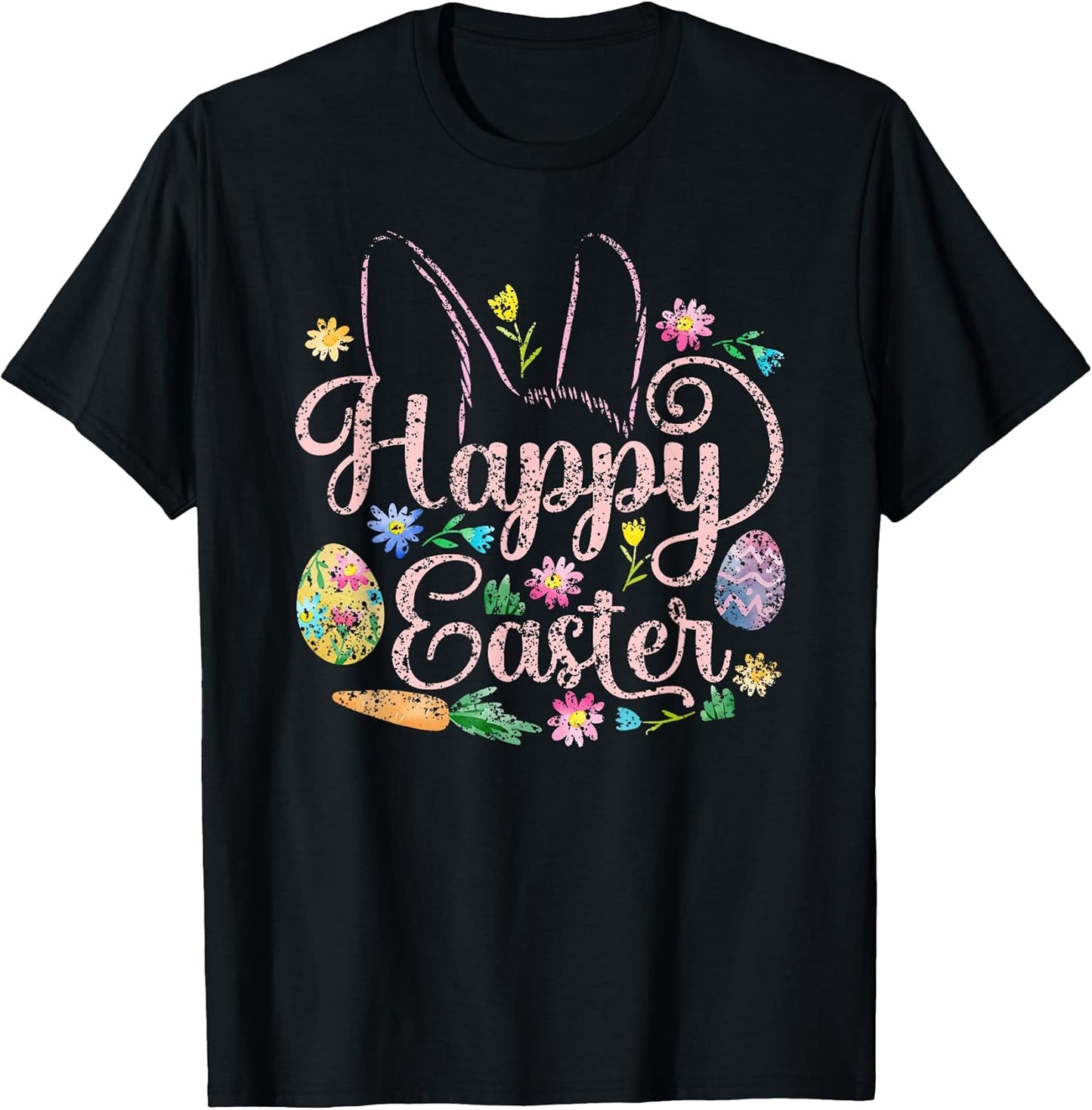 Happy Easter Sayings Egg Bunny T-Shirt - Women's Unisex Adults Black Short Sleeve Regular Fit Small