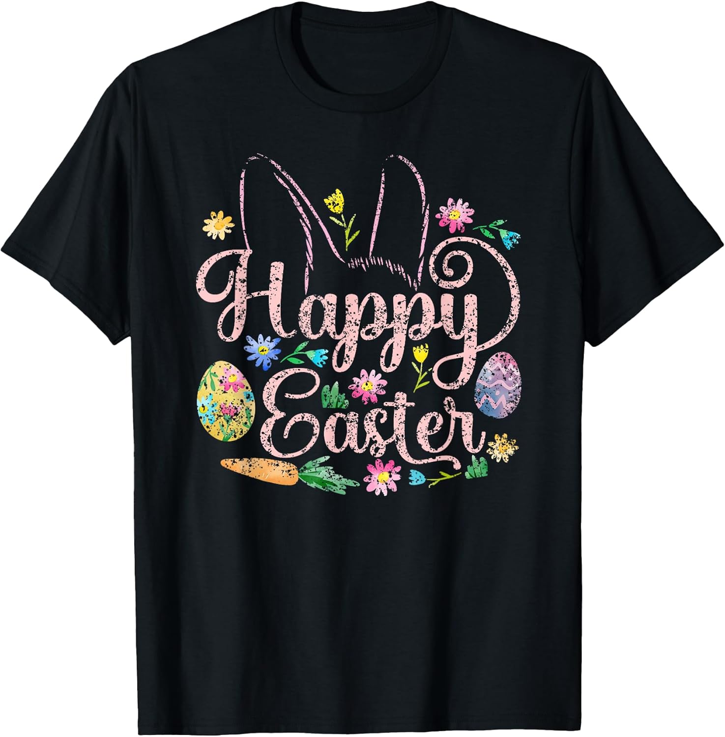 Happy Easter Sayings Egg Bunny T-Shirt - Women's Unisex Adults Black Short Sleeve Regular Fit Small