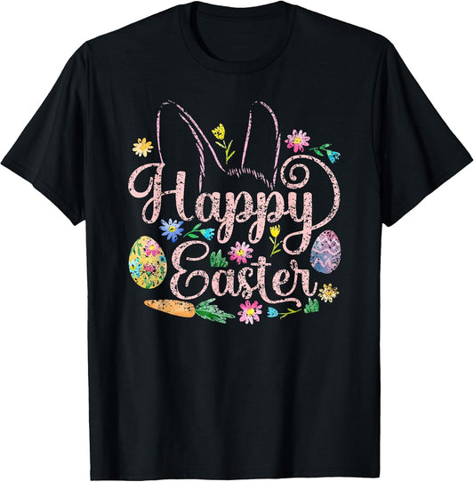 Happy Easter Sayings Egg Bunny T-Shirt - Women's Unisex Adults Black Short Sleeve Regular Fit Small
