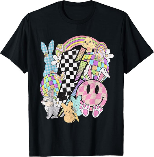 Retro Groovy Happy Easter Bunny Smile Face For Womens Girls T-Shirt