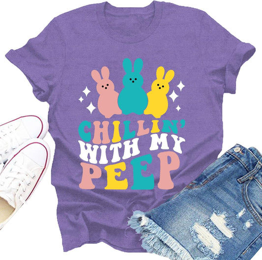 Easter Shirts for Women Chillin with My T-Shirt Funny Bunny Rabbit Happy Easter Tee Tops