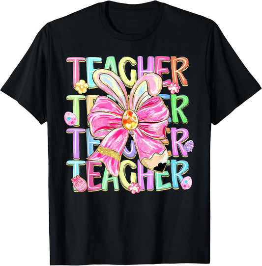 Easter Teacher Coquette Bunny Ears Bow School Teacher T-Shirt