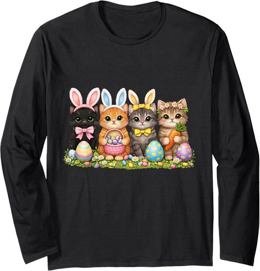 Funny Easter Cats Ears Bunny Eggs Spring for Women Men Kids Long Sleeve T-Shirt