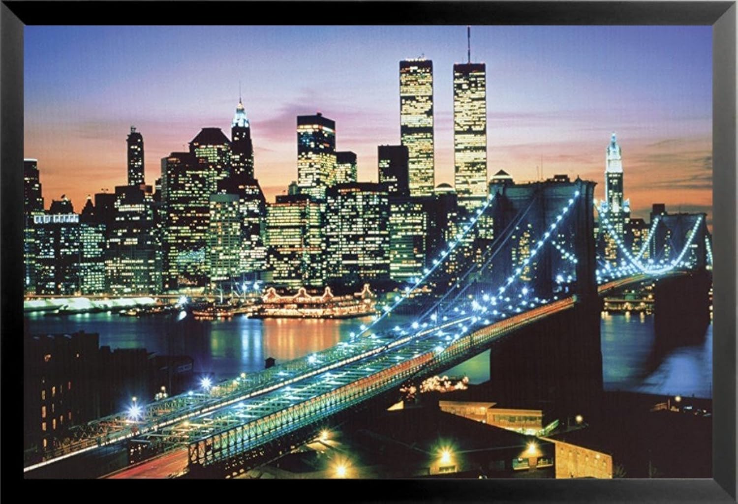 Framed The City That Never Sleeps - New York City 36x24 Photograph Art Print Poster Skyline Manhattan Brooklyn Bridge Twin Towers World Trade Center at Night