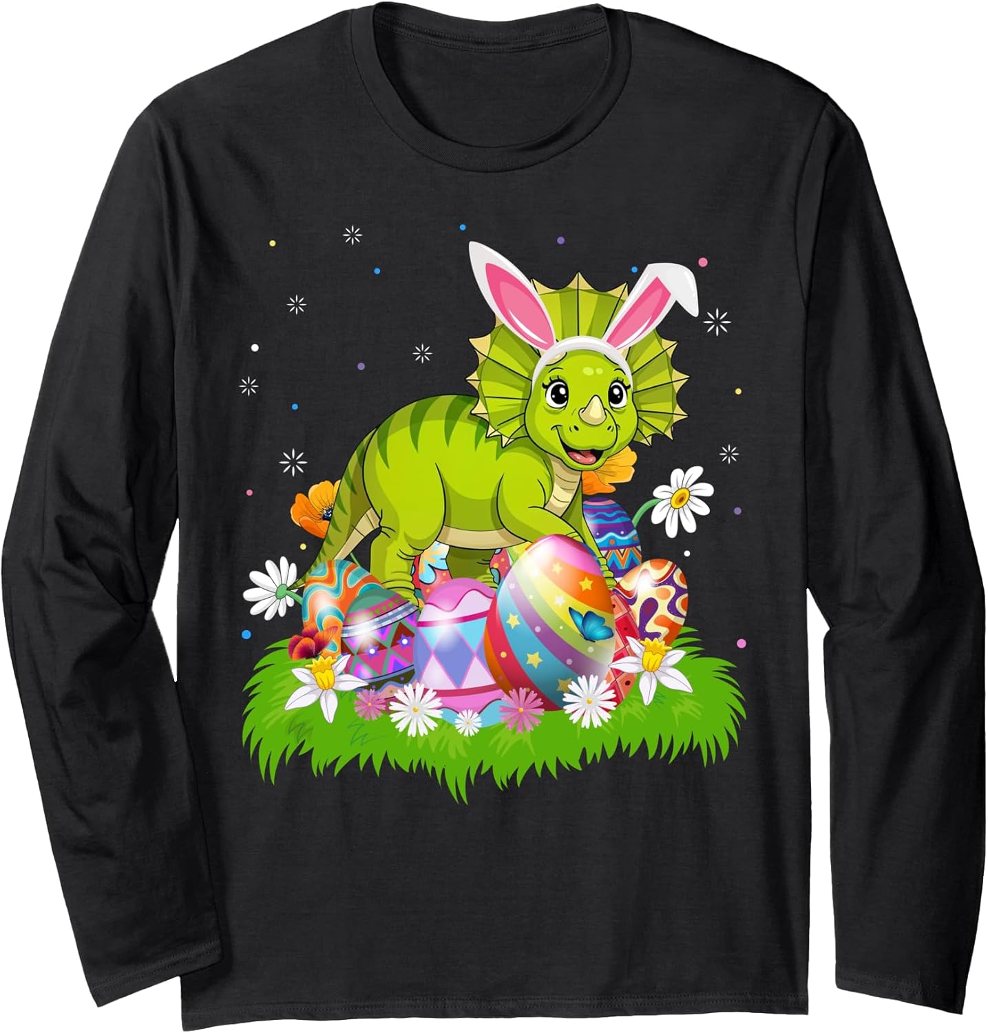 Triceratops Dinosaur Easter Egg Hunt Bunny Ear Easter Sunday Long Sleeve T-Shirt
