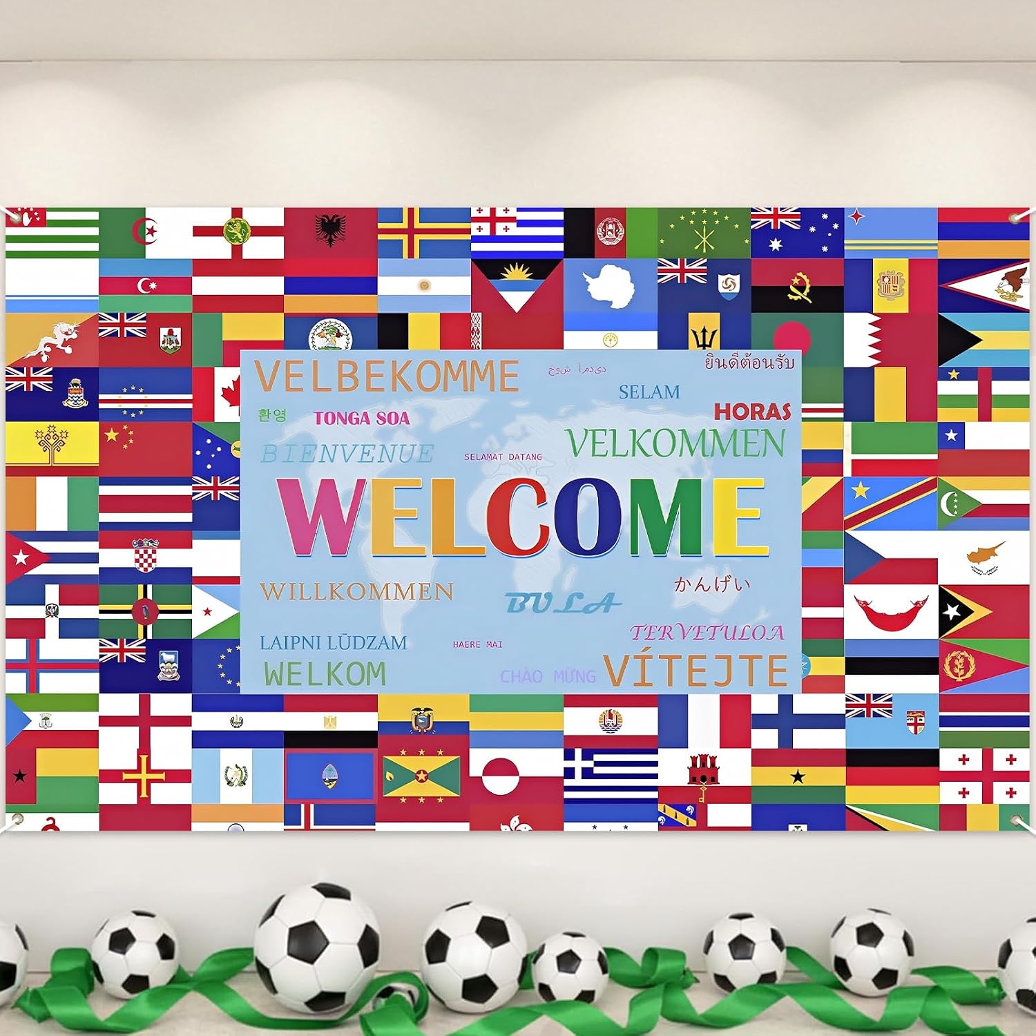 World Cup Backdrop 2026 International Country Flag Welcome Banner Soccer Merchandise Football Decorations Background for Classroom,Office,Sport Event,Home Party Decor,Photo Booth Studio Props 71×43In