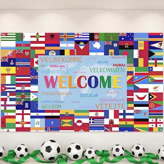 World Cup Backdrop 2026 International Country Flag Welcome Banner Soccer Merchandise Football Decorations Background for Classroom,Office,Sport Event,Home Party Decor,Photo Booth Studio Props 71×43In