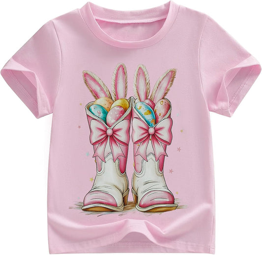 Kids Toddler Little Girls Easter Shirt Short Sleeve Easter Eggs Boots Coquette Bow Bunny Ear Funny T-Shirt Top
