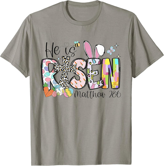 He Is Risen Easter Bunny Bible Verse Christian Cross Faith T-Shirt