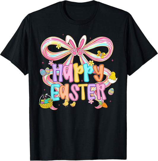 Happy Easter Coquette Bow Cute Bunny Eggs Spring Women Girls T-Shirt