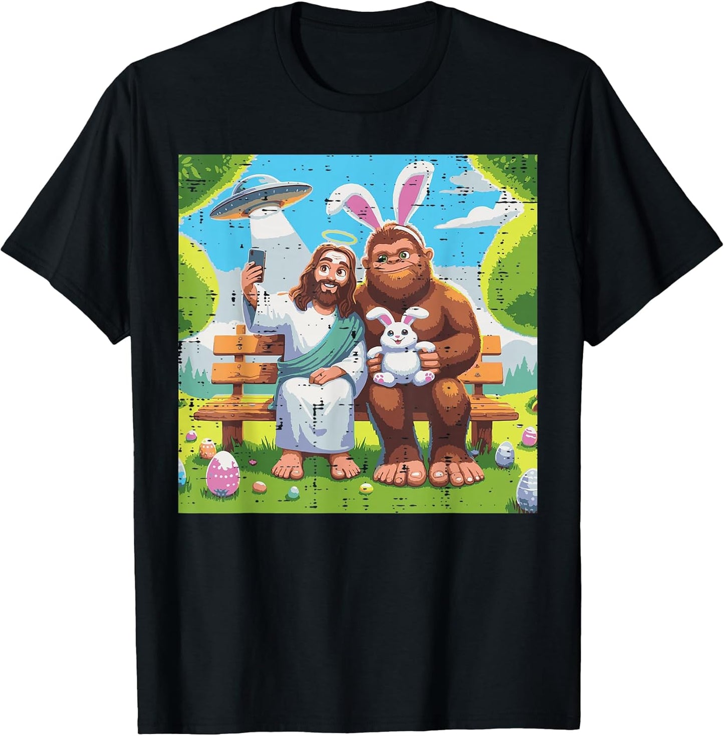 Easter Jesus Bigfoot UFO Selfie Sasquatch Men Women Kids T-Shirt