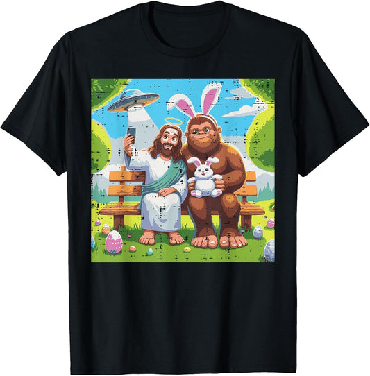 Easter Jesus Bigfoot UFO Selfie Sasquatch Men Women Kids T-Shirt