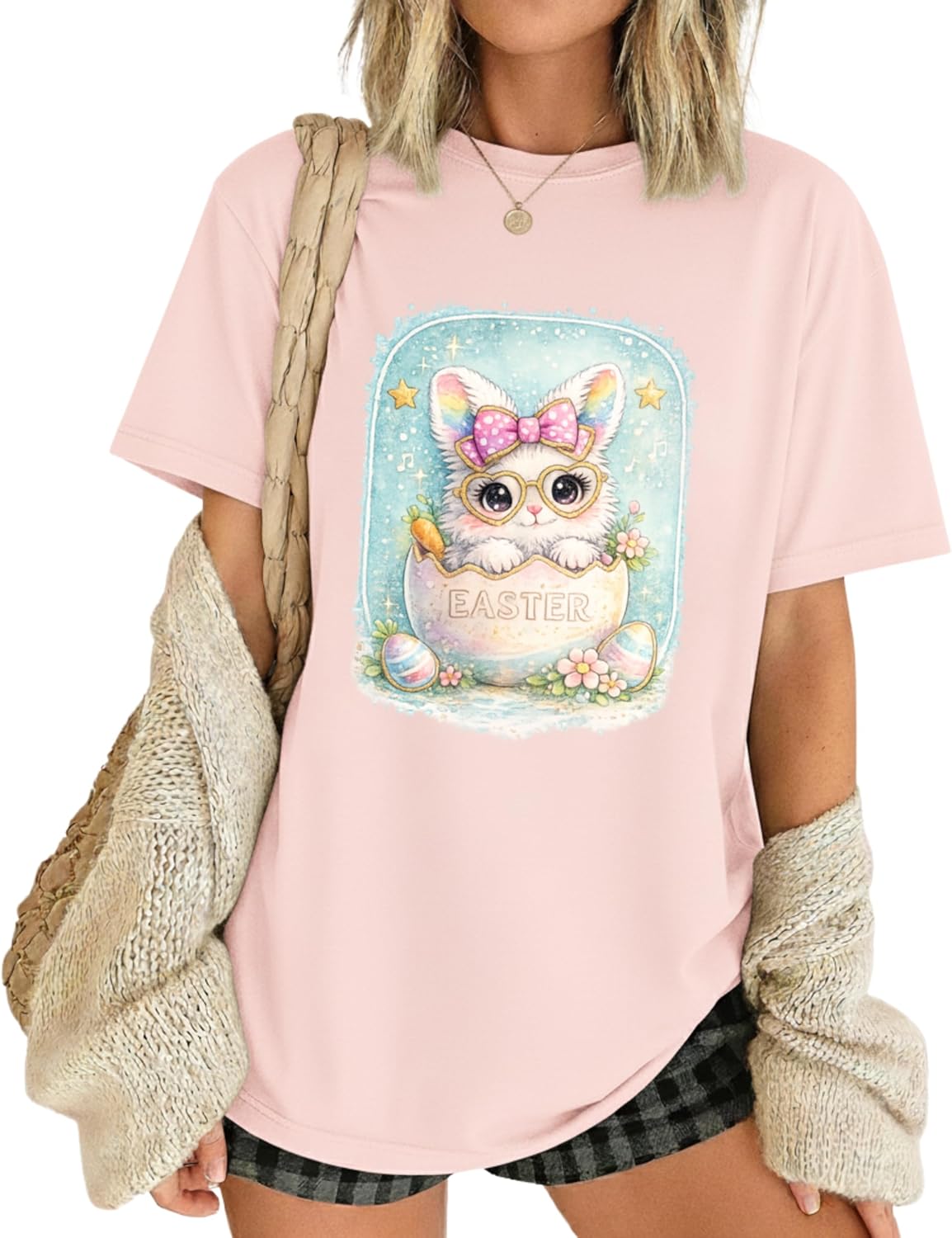 Easter Shirt for Women, Cute Bunny in Eggshell Graphic Tee, Pastel Spring Holiday Top, Soft Lightweight Feel