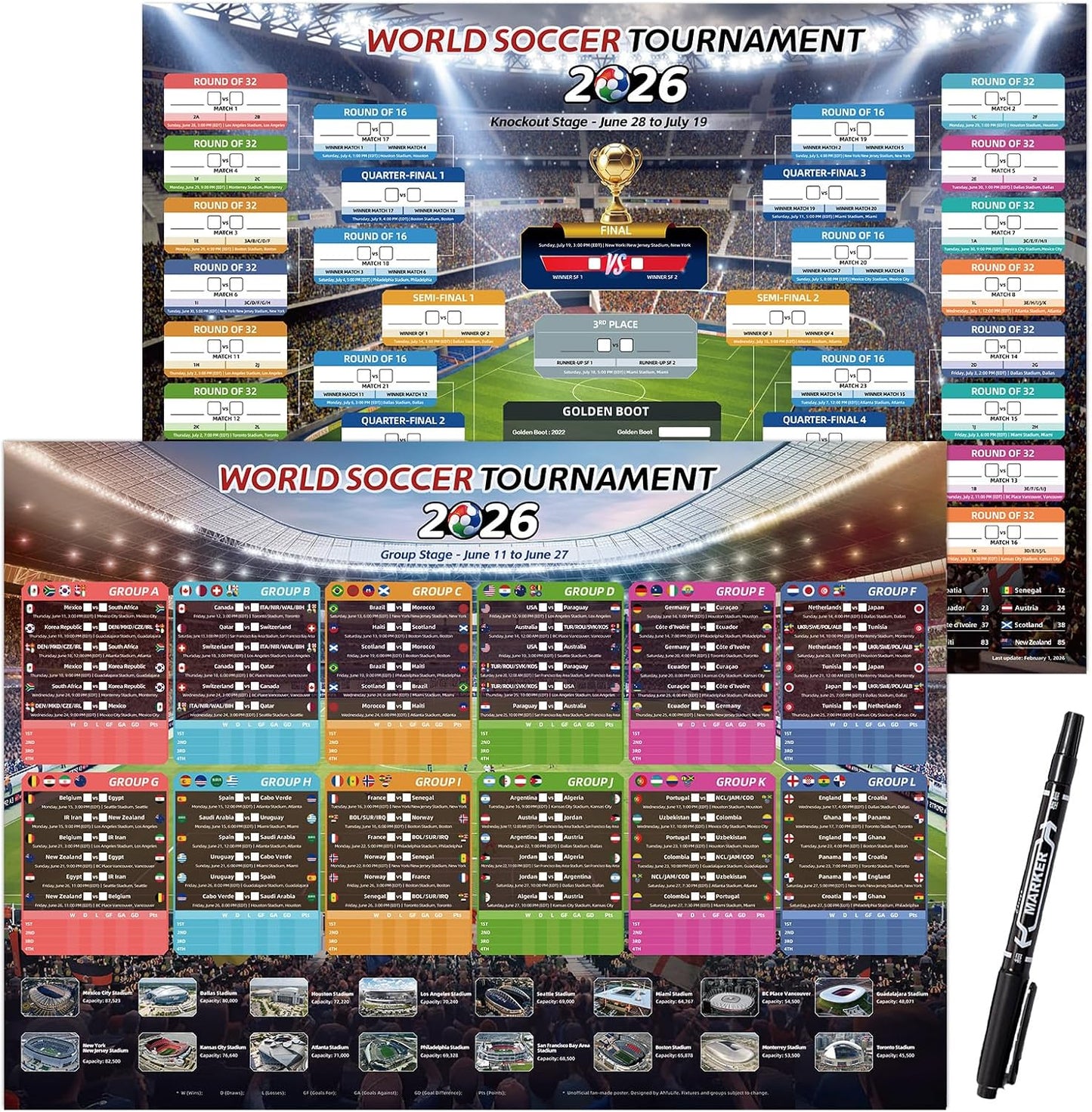 AhfuLife Large World Cup Tournament Schedule Poster, A1 Size-32.6" x 23.2", 2 Pcs Soccer Calendar Wall Chart Decorations, 2026 Soccer Tournament Wallchart for Fans Home Office Bar Party Decor (A1-Folded)