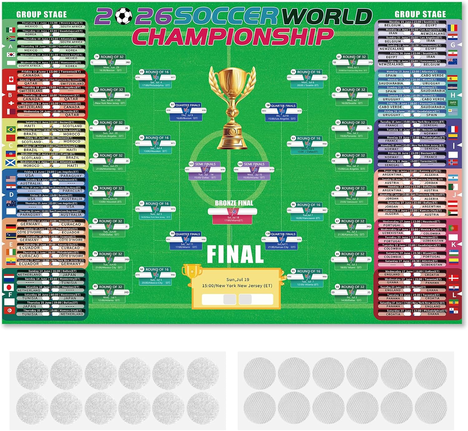 NELIVOKE 2026 Soccer World Championship Large Schedule Poster, 40" x 28" Soccer Tournament Wall Chart with Hook and Loop Dots, Final Round 48-team Collection Showcase, Great Gifts for Soccer Fans