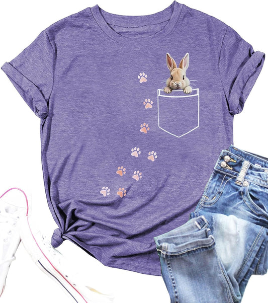 Spring Colorful Shirts for Women Cute Pocket Bunny Paw Graphic T-Shirts Funny Easter Casual Tops Tee