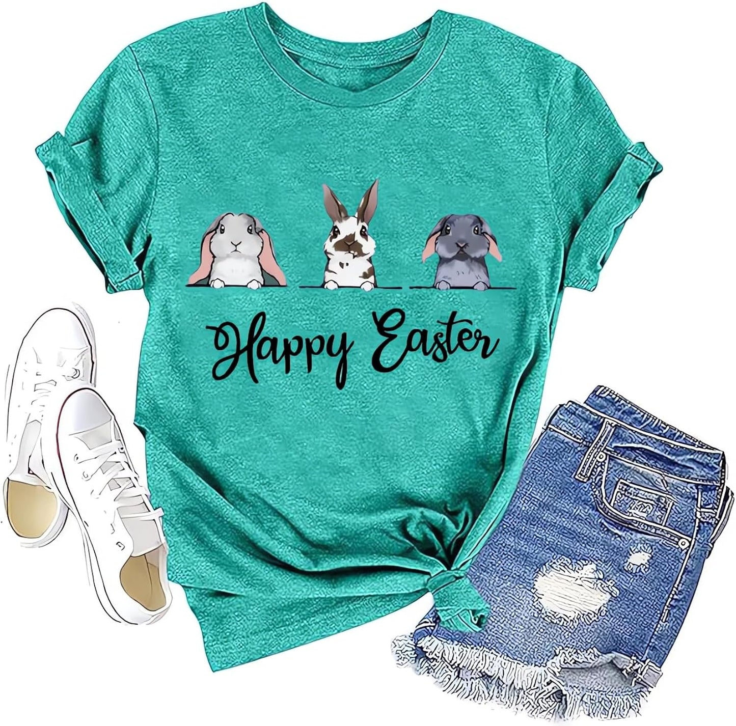 Easter Shirts for Women Bunny Shirts Cute Rabbit Graphic Tee Christian T-Shirt Easter Eggs Graphic Casual Tee Tops