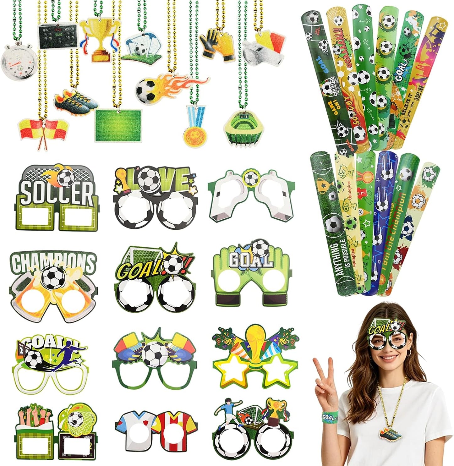 36 Pcs Soccer Party Favors, World Soccer Cup Party Decorations Photo Props, 12 Beaded Necklaces 12 Slap Bracelets 12 Paper Glasses Accessories for Party Decorations,Classroom Rewards Supplies
