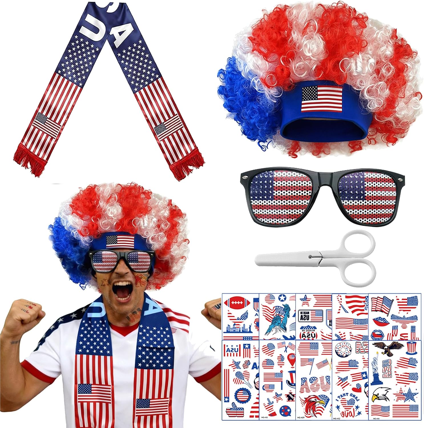 2026 World Cup USA Soccer Fan Scarf Set for Game Day Cheering, 4th of July & America's 250th Anniversary Costume Accessories Includes American Flag Scarf, Afro Wig, Glasses and Temporary Tattoos