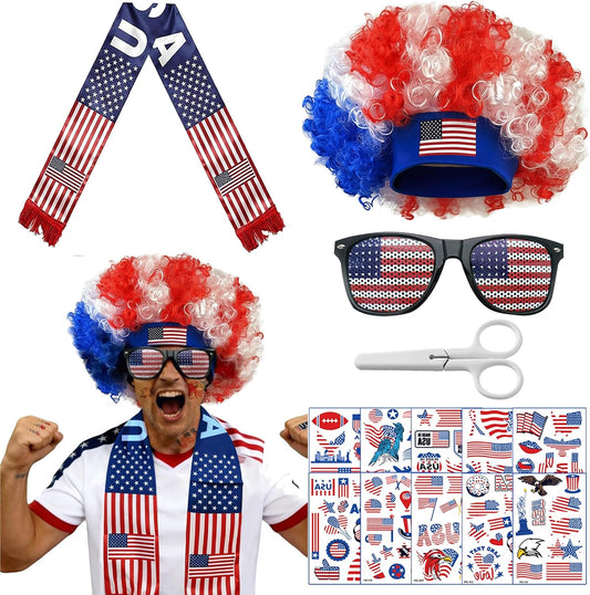 2026 World Cup USA Soccer Fan Scarf Set for Game Day Cheering, 4th of July & America's 250th Anniversary Costume Accessories Includes American Flag Scarf, Afro Wig, Glasses and Temporary Tattoos
