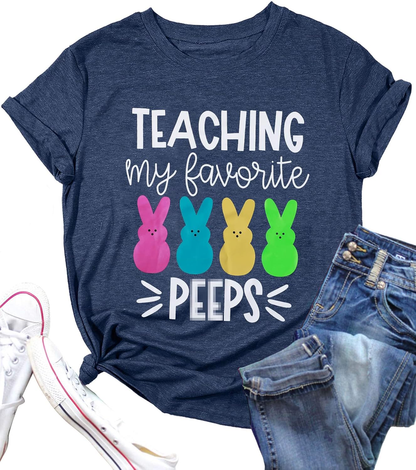 Teaching My Favorite Peep Shirt for Women Easter Teacher T-Shirt Funny Bunny Graphic Tee Top