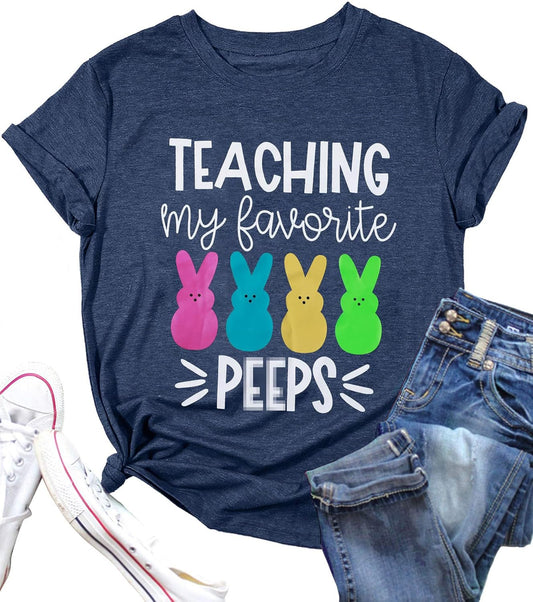 Teaching My Favorite Peep Shirt for Women Easter Teacher T-Shirt Funny Bunny Graphic Tee Top
