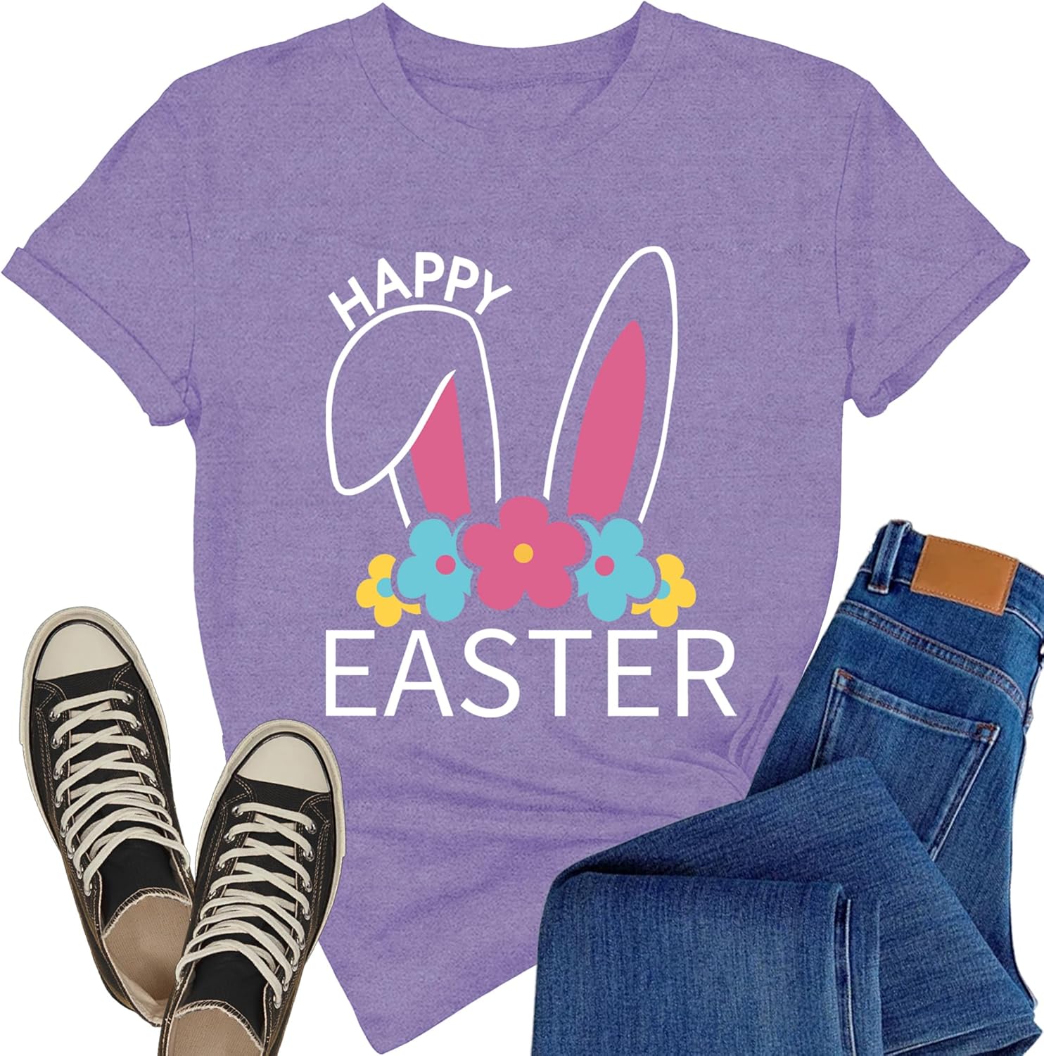 Happy Easter Shirts for Women Cute Rabbit T-Shirts Bunny Ears Floral Print Tee Tops