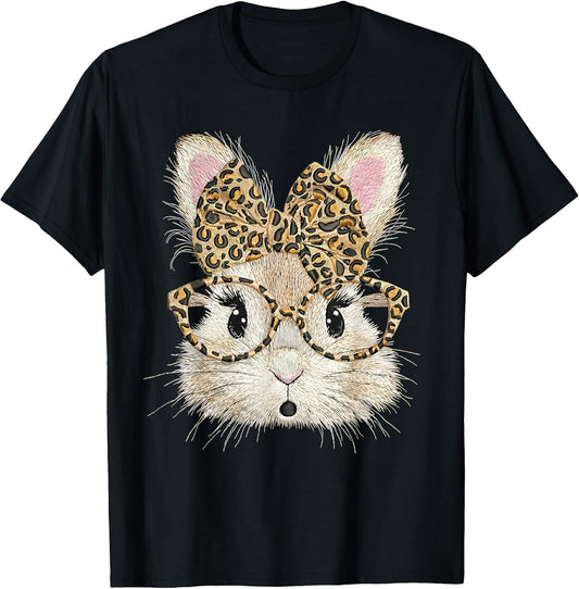 Funny Bunny Face Glasses Coquette Bow Leopard Rabbit Easter T-Shirt