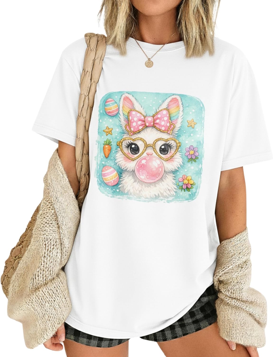 Easter Shirt for Women, Cute Bunny Bubblegum Graphic Tee, Heart Glasses Bow Art, Egg Hunt Outfit 2026