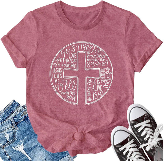 Christian Shirt for Women Christian Cross T Shirt He is Risen Tee Faith Casual Tops