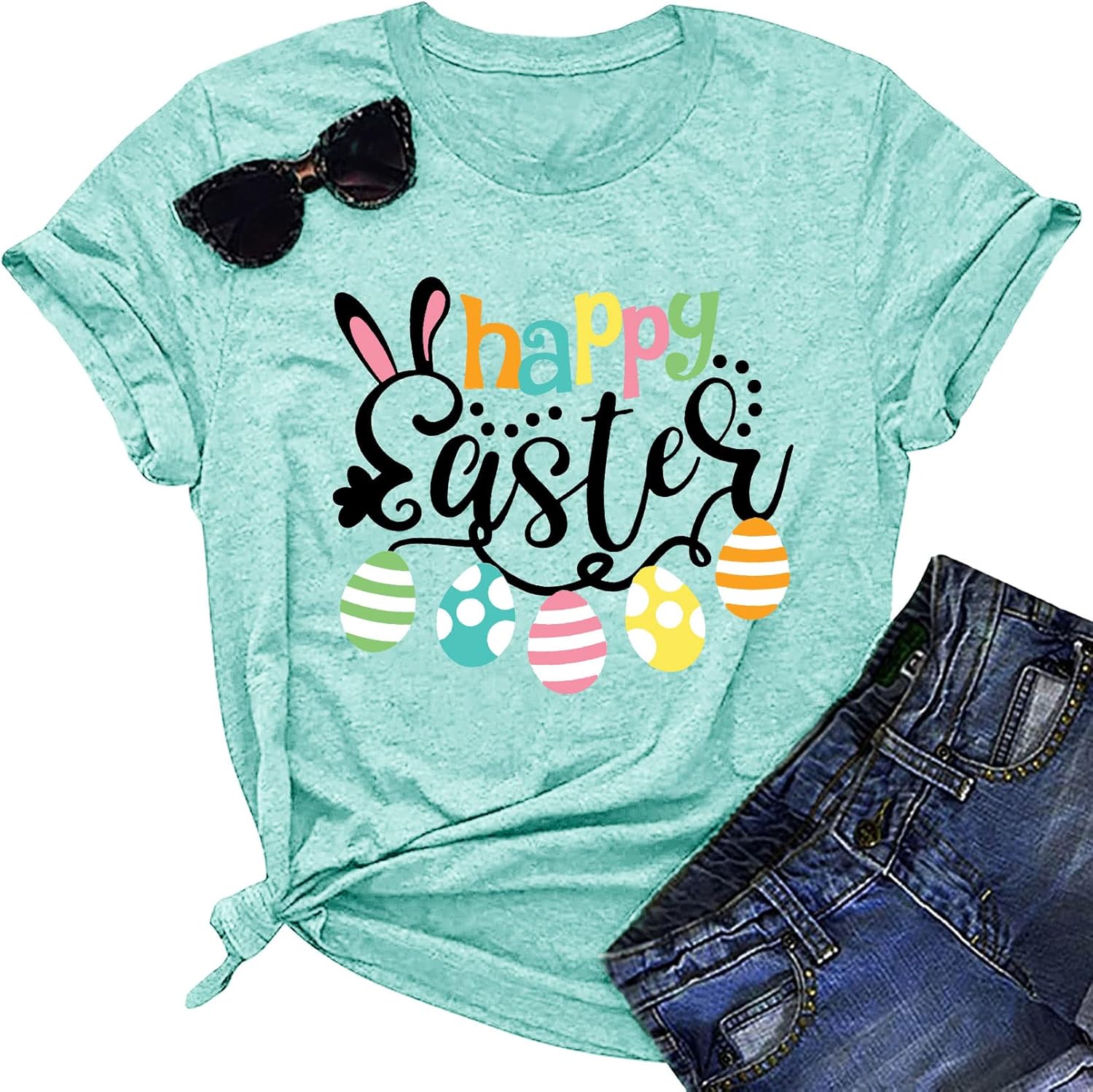 Happy Easter Shirts for Women Easter Bunny T-Shirt Rabbit Graphic Tees Easter Egg Holiday Shirt Tops