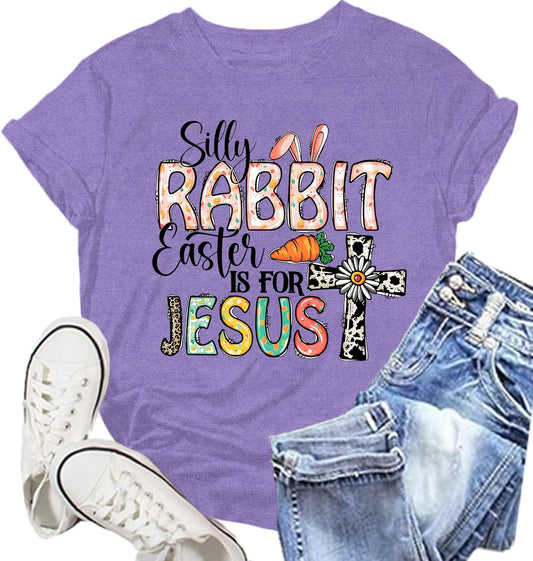 Womens Easter is for Jesus Shirt Easter Day T-Shirts Silly Rabbit Tee Tops