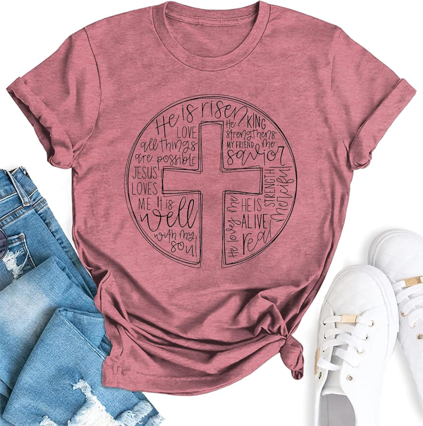 He is Risen Shirt Womens Easter Shirt Cross Graphic Tee Christian T-Shirt Tops