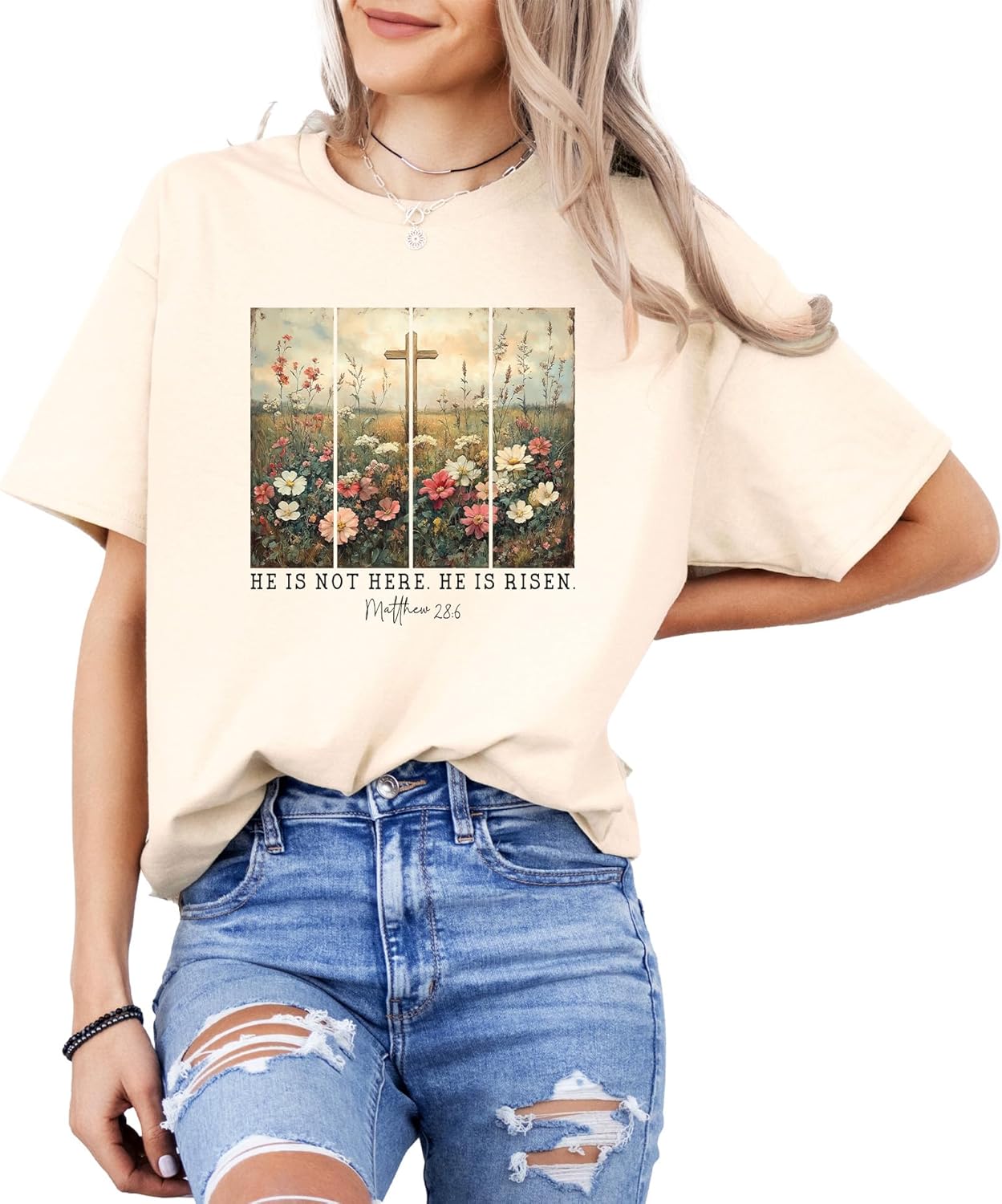 He is Risen T-Shirt – Matthew 28:6 Bible Verse Easter Tee – Christian Floral Cross Graphic Shirt