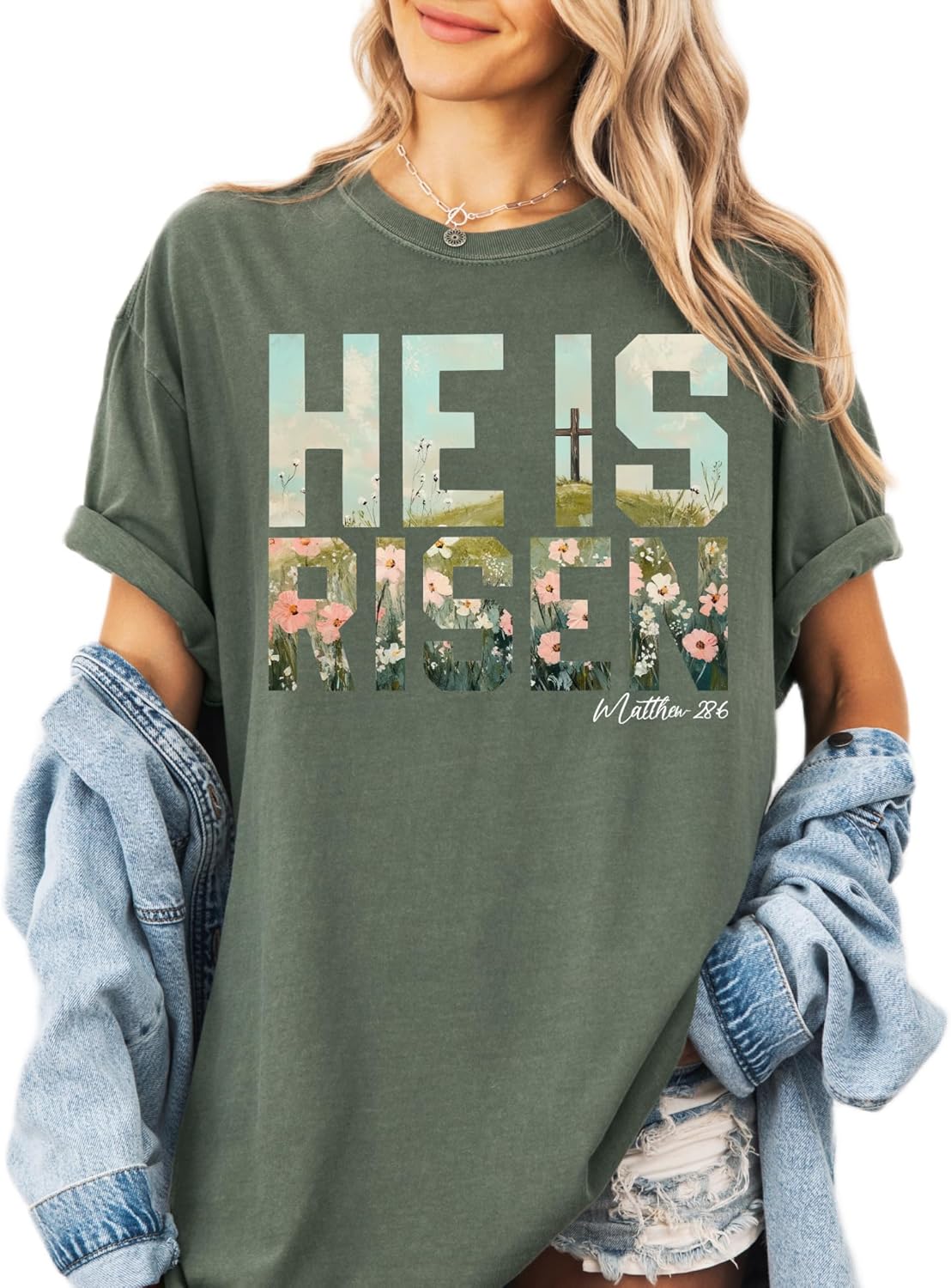 He is Risen Easter Comfort Colors T-Shirt – Matthew 28:6 Floral Design