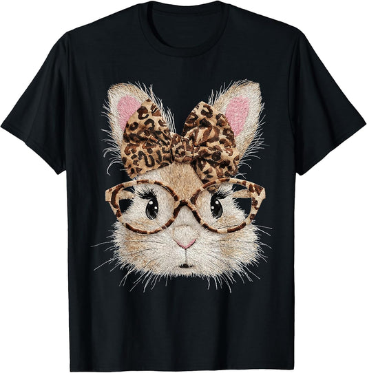 Cute Bunny Rabbit Face Leopard Coquette Bow Glasses Easter T-Shirt