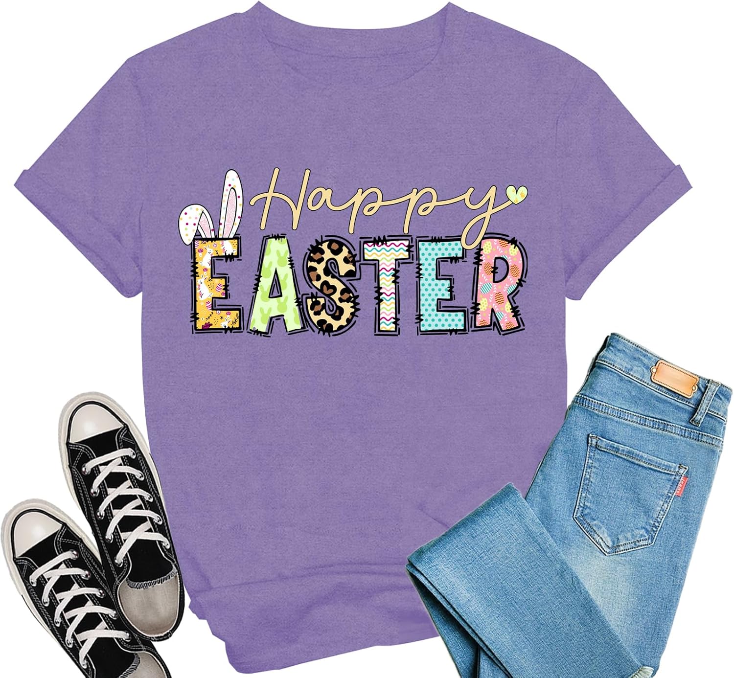 Easter Shirts for Women Happy Easter T-Shirt Cute Bunny Ears Tee Tops