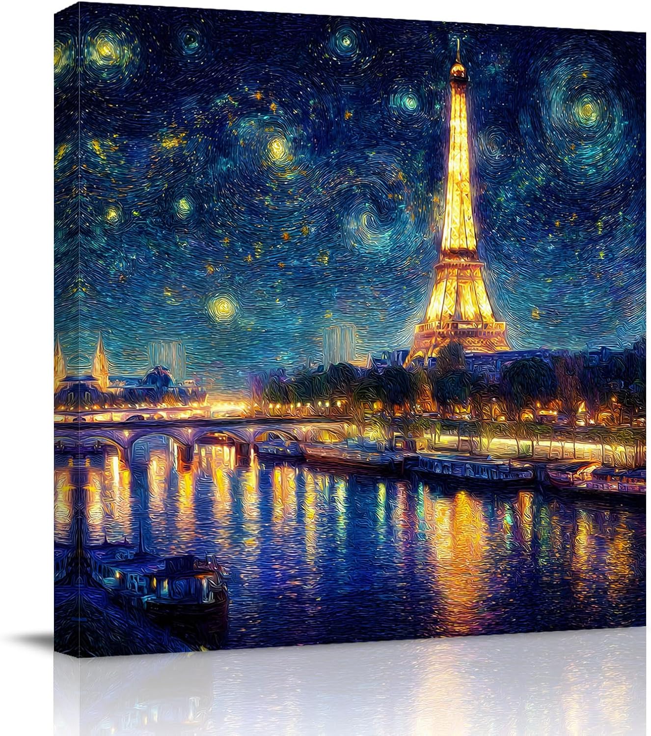 Eiffel Tower Canvas Wall Art for Living Room, Starry Night City River Impressionist Wall Decor Framed Artwork Pictures Ready to Hang for Bedroom Office Home Decor 10x10 Inch