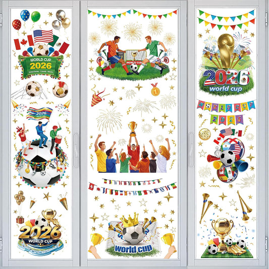 AhfuLife World Cup Tournament Window Clings 2026, 9 Sheets Reusable Window Stickers for World Soccer Tournament Decorations 2026, Double Side Decals for Home Office Shop Party Indoor Decorations