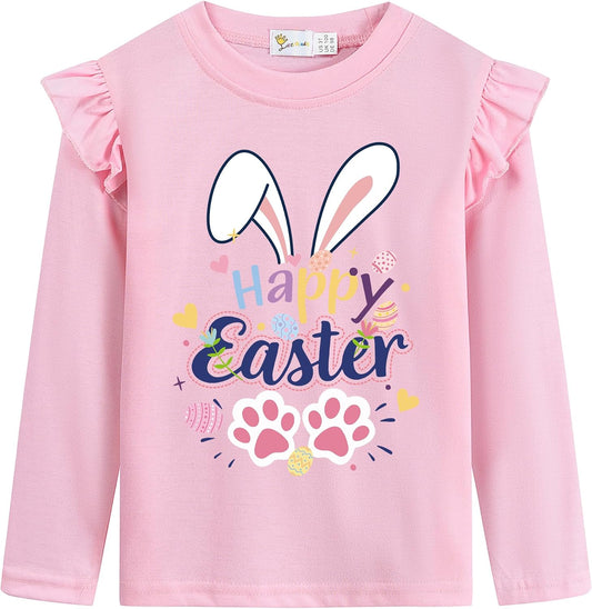 Toddler Girls Happy Easter Pink Long Sleeve T-Shirt Bunny Egg Hunt Graphic Raglan Ruffles Tee Tops 2-7 Years