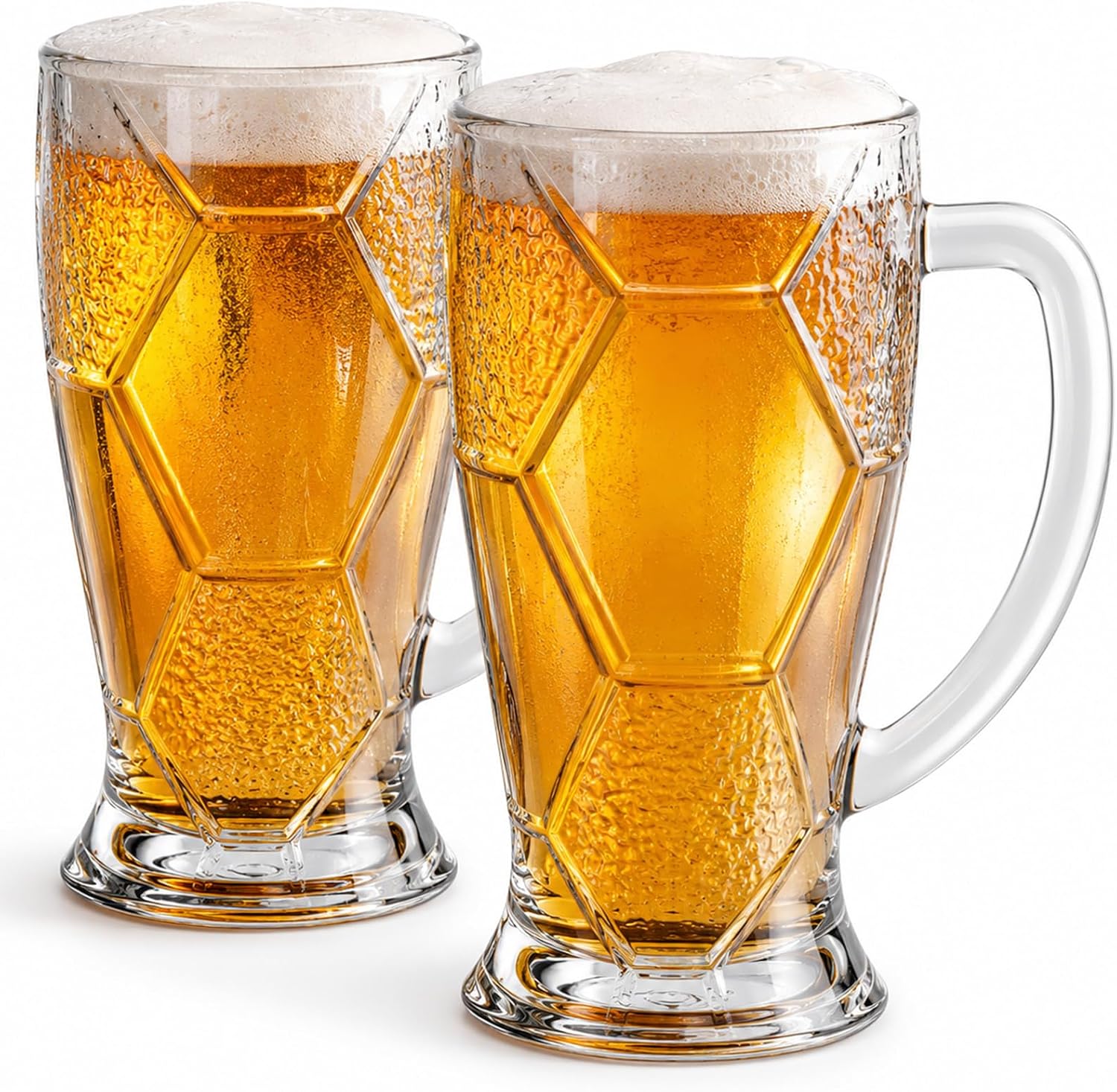 Beer Mugs For Freezer 22oz (2-Pack) – 3D Hexagon Textured Soccer Beer Glasses with Handle, Frosted Durable Drinkware for World Cup 2026, Best Gift for Soccer Fans, Dad & Husband – Dishwasher Safe