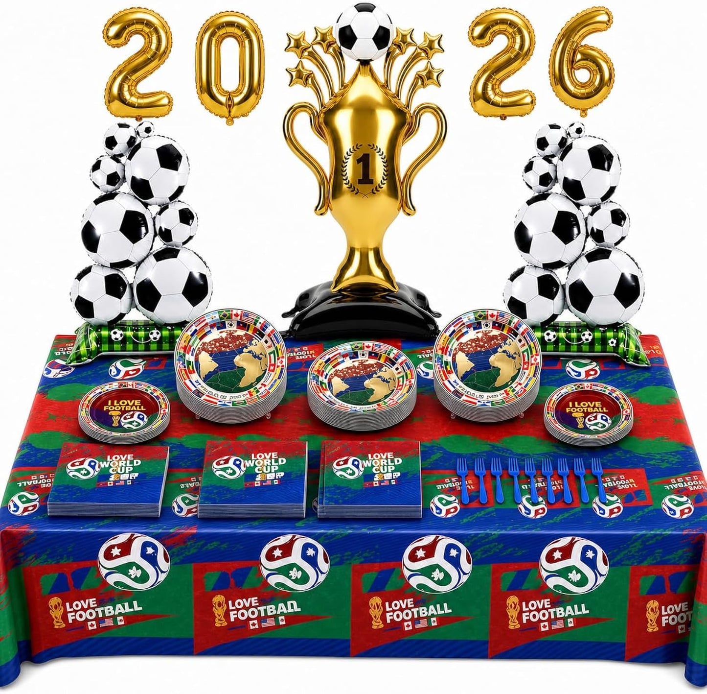 2026 World Soccer Cup Party Decorations Kit,101 PCS Soccer Party Supplies for 20 Guests, Soccer Balloons Trophy Balloon, Plates Napkins Forks and Tablecloth for Birthday, Game Day Watch Party
