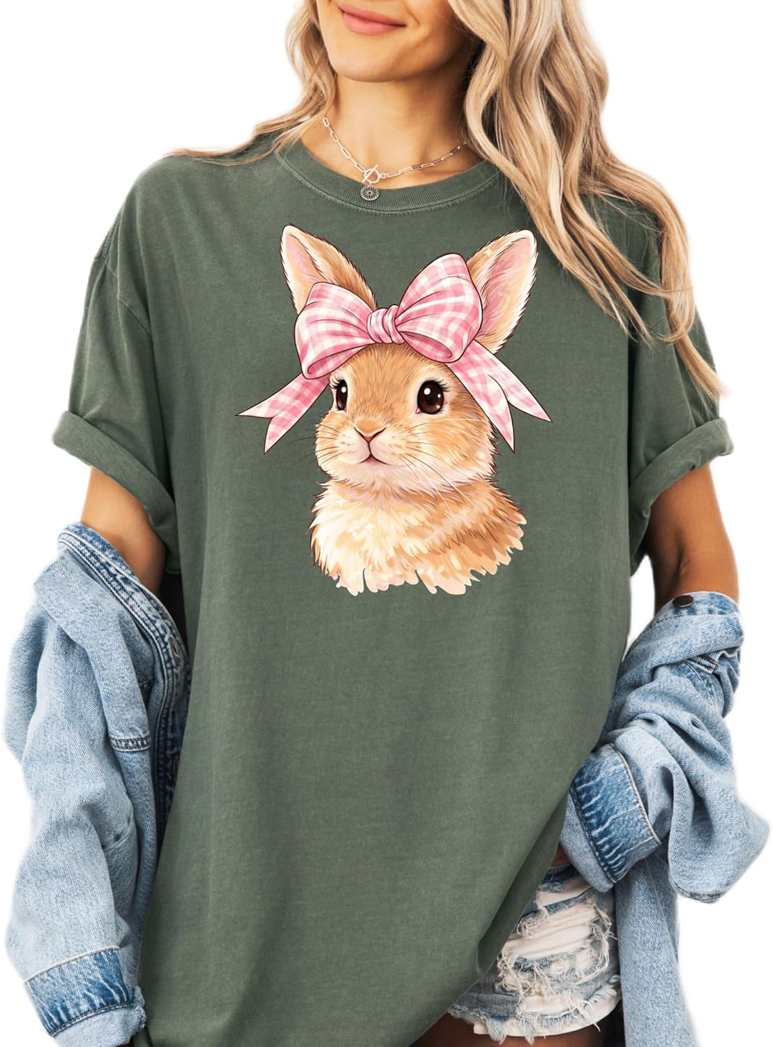 Comfort Colors Cute Bunny T-Shirt Pink Bow Easter Rabbit Graphic Tee