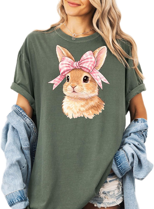 Comfort Colors Cute Bunny T-Shirt Pink Bow Easter Rabbit Graphic Tee
