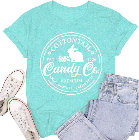 Easter Shirts for Women Spring Bunny Christian Tshirts Cottontail Candy Co. Ribbit Tee Tops