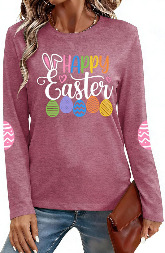Long Sleeve Easter Day Shirts for Women: Bunny Rabbit Print T-Shirts Happy Easter Pullover Tops